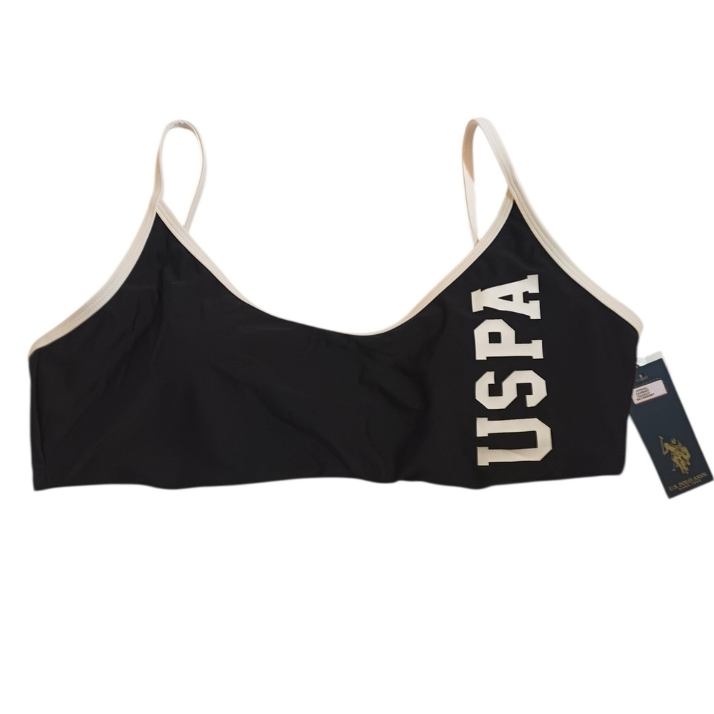 US. Polo Assn. Fire Island Sport Swimsuit Top Black White Junior Size XL 15/17